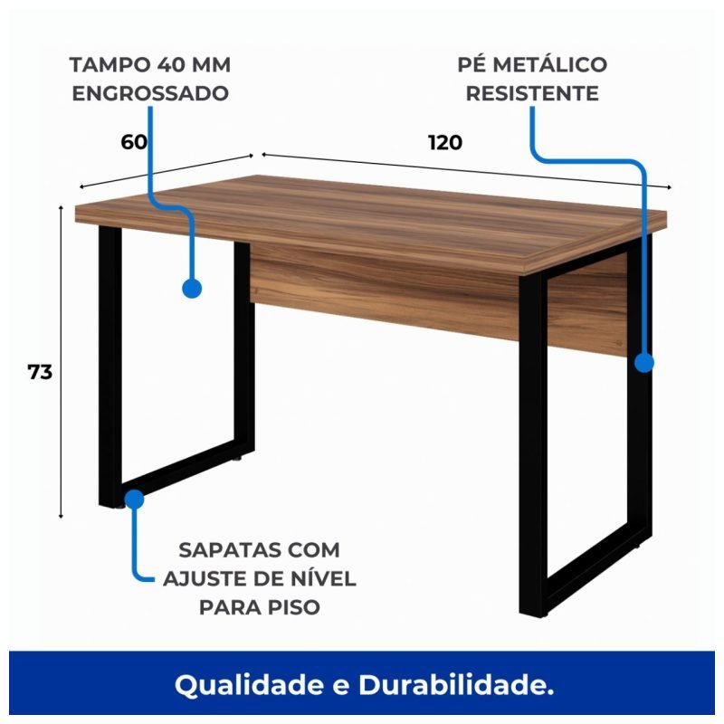Mesa Escritório PÉ QUADRO – 1,20×0,60m – S/ Gavetas – NOGAL SEVILHA/PRETO - Imagem 3