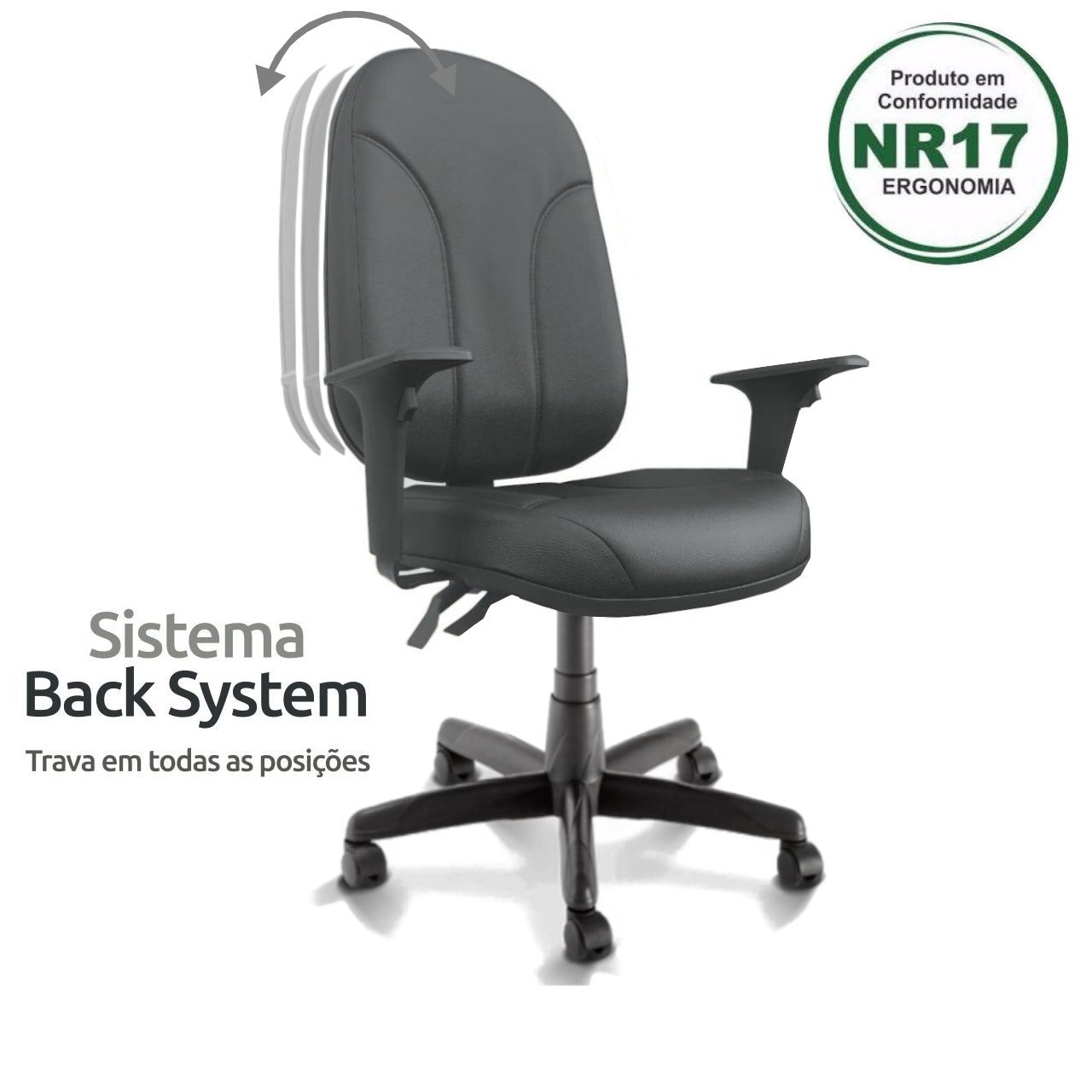 Cadeira Presidente PLUS BACK SYSTEM Baixa Costurada c/ Braços Reguláveis - Corino Preto - 32974 - Imagem 2
