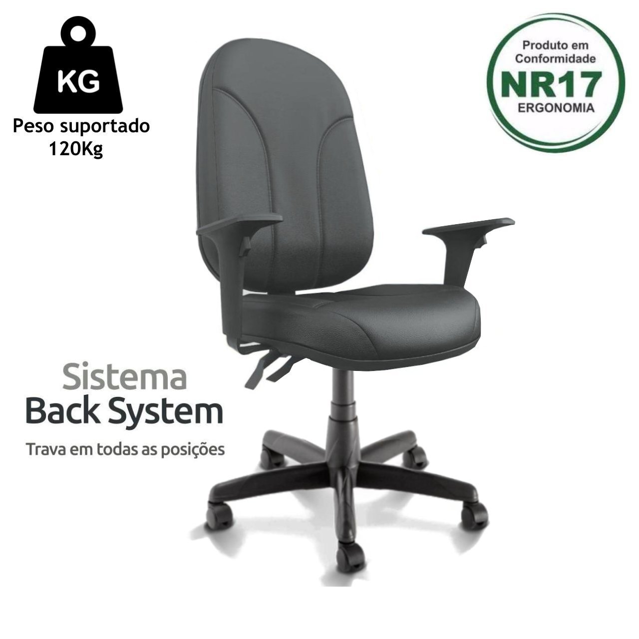 Cadeira Presidente PLUS BACK SYSTEM Baixa Costurada c/ Braços Reguláveis - Corino Preto - 32974 - Imagem 3
