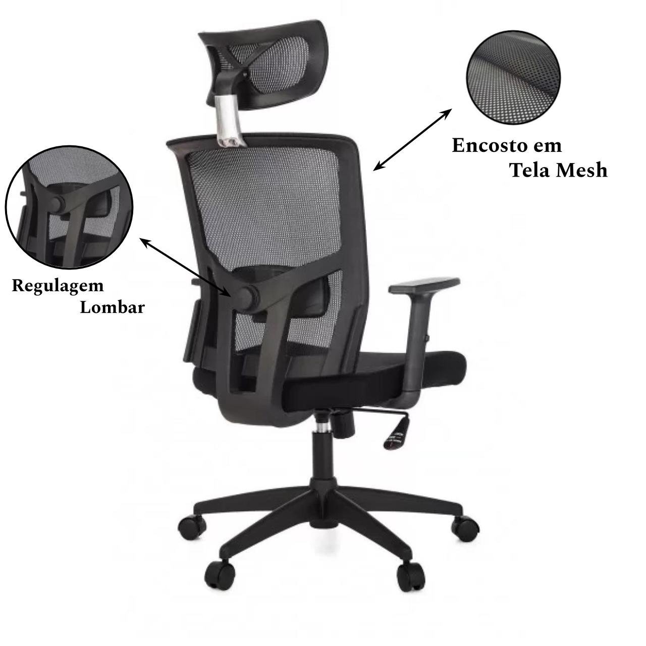 Poltrona Presidente Tela ANM-312P - C/ Encosto de Cabeça - Cor Preto - BLUME - 32981 - Imagem 2