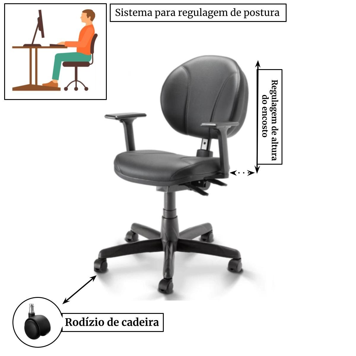 Cadeira Executiva BACK SYSTEM OPERATIVA c/ Braços Reguláveis - CORINO PRETO 32987 - Imagem 3