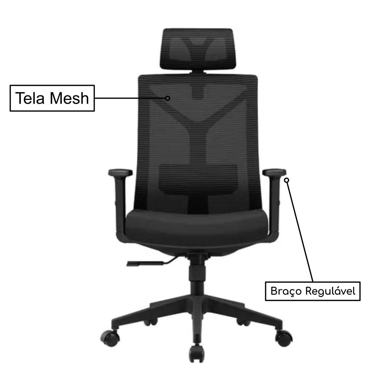 Poltrona Presidente TELA ODIN Giratória - Cor Preto - Pollo Móveis - 32870 - Imagem 2